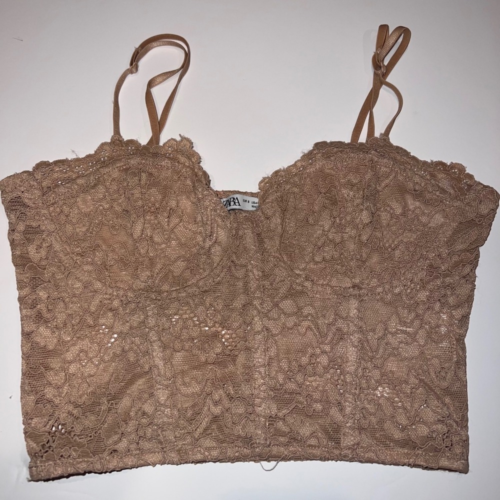 Zara Lace Corset Top Women Small‎ Tan Adjustable Straps Bustier Camisole